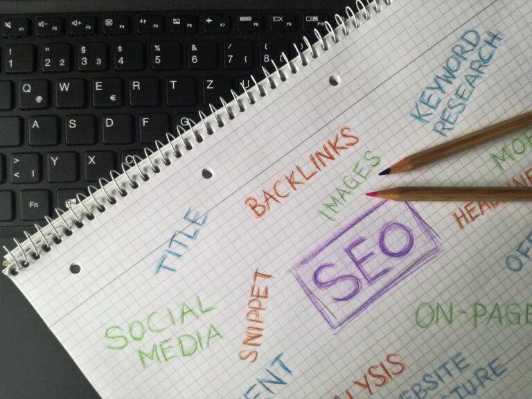 Insights 35 an image of a notebook with SEO in the centre, surrounded by other keywords such as Social Media, Title, Backlinks.